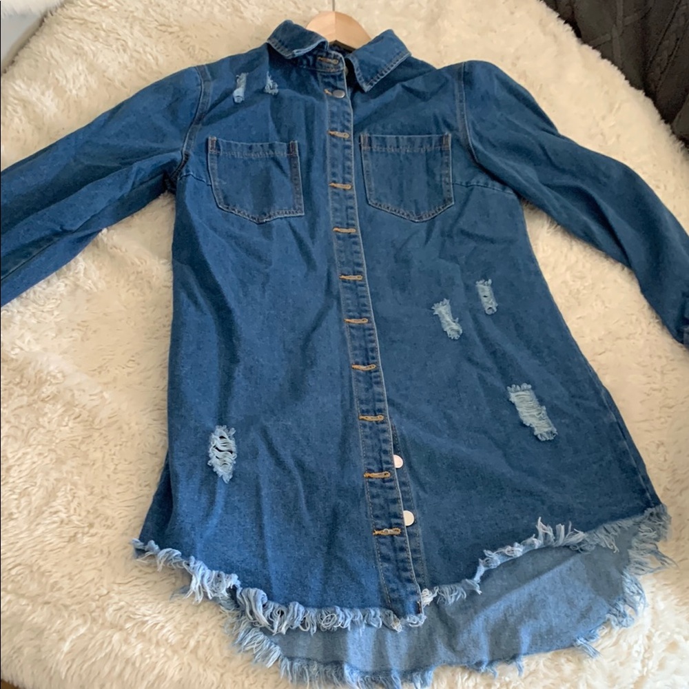Shein Frayed Denim Shirt Dress Jacket